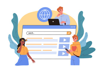 Search term on internet concept. Men and woman near online searching. Information and knowledges at website. SEO and SMM specialits. Cartoon flat vector illustration isolated on white background