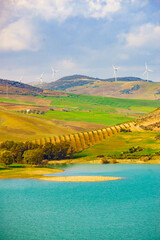 Hilly landscape with wind turbines, Spain