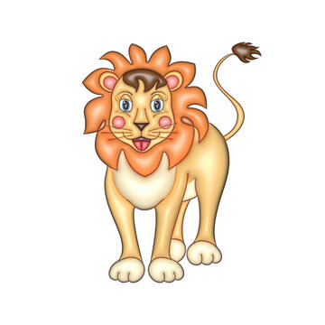 Cartoon Animal lion. Vector illustration. The illustration is done by hand in a cartoon style. 3D stiker.