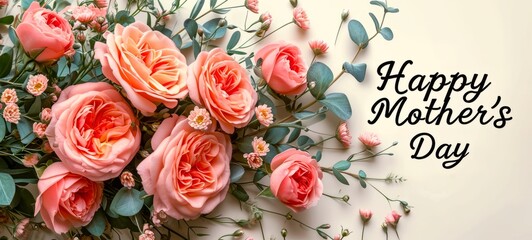 Wide banner with coral roses and Happy Mothers Day text on a white background. Suitable for greeting cards, event banners, and floral shops.