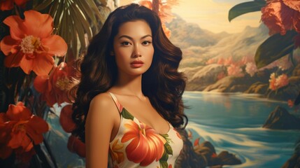 Asian woman amidst tropical flora with warm lighting. Vintage style. Tropical paradise. For use in beauty ads, travel content, and lifestyle branding.
