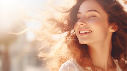 Young beautiful woman with natural makeup in the sunlight. Happy lady enjoying the sun. Banner with copy space. Ideal for beauty, wellness, lifestyle campaigns or hair care advertisements. - obrazy, fototapety, plakaty