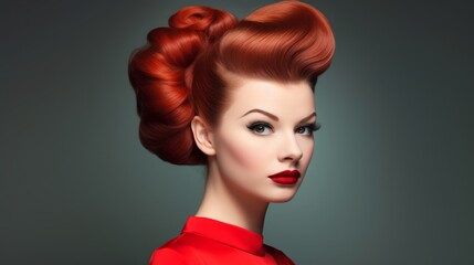 Redhead Woman with styled hair with victory rolls in vintage fashion style. For use in beauty tutorials, retro fashion spreads, hair styling guides, and makeup artistry.