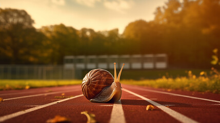 Illustration of a beautiful snail on an athletic track at a beautiful sunset