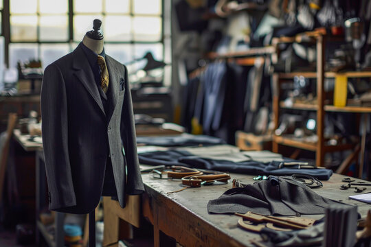 Generative AI illustration of bespoke black suit jacket displayed on a mannequin in a well equipped tailor workshop with crafting materials