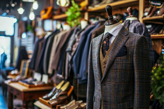Generative AI illustration of mannequin dressed in a checkered tailored suit displayed in a sophisticated menswear store with various clothing items