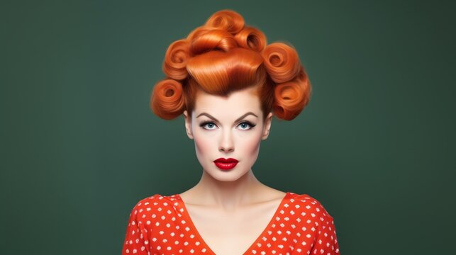 Redhead Woman with styled hair with victory rolls in vintage fashion style. For use in beauty tutorials, retro fashion spreads, hair styling guides and makeup artistry.