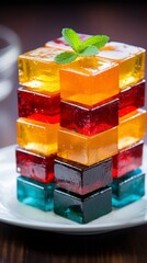 Colorful jelly cubes with mint leaf on a plate. Sweet fruit dessert. Ideal for Menu visuals, food blogging, dessert advertising, culinary arts. Vertical format
