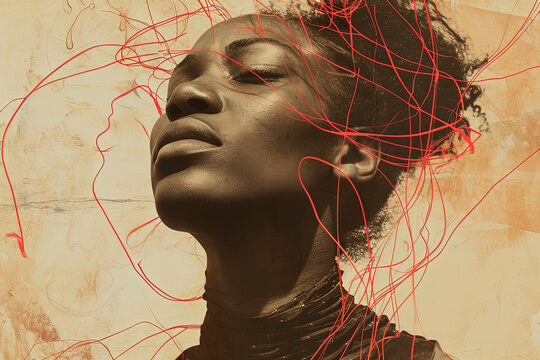 Abstract portrait of woman with red threads Generative AI image