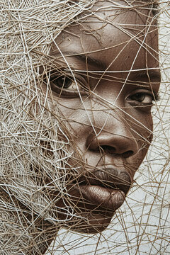African man's face partially obscured by threads Generative AI image