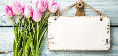 Pink tulips lie beside a white, empty sign on a blue wood background. Copy space. Template. Mockup. Perfect for springtime greetings and personalized wishes.