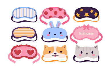 Sleep mask set. Accessories for sleeping, dream and rest. Pink, blue and black clothes. Recuperation with comfort. Cozy items. Cartoon flat vector collection isolated on white background