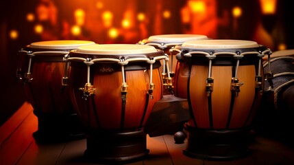 Conga drums on stage, lit by warm stage lights with bokeh effect. Ideal for music themed projects and performance promotions. Traditional percussion musical instrument of Afro-Cuban - obrazy, fototapety, plakaty