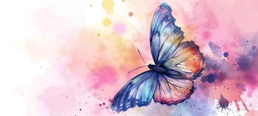 Watercolor illustration of butterfly on vibrant pink background. Banner with copy space. The concept of delicate beauty of nature.