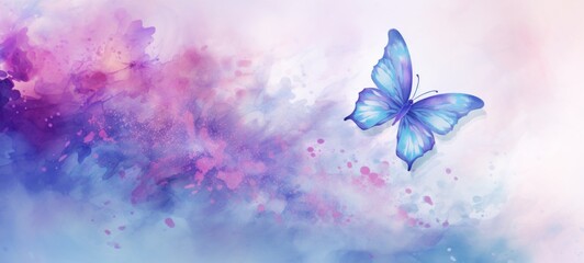 Watercolor illustration of butterfly on pastel delicate blue pink purple background with watercolor splashes and stains. . Banner with copy space. The concept of delicate beauty of nature.