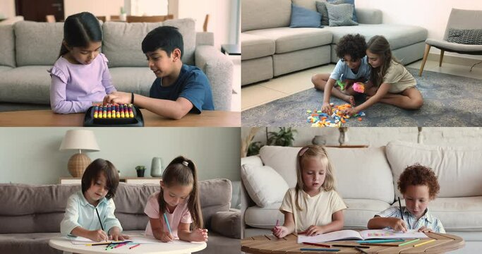 Group of diverse little children spend free time indoor, drawing pictures, build with colorful wooden blocks, play boardgame, develop skills, logic and talent enjoy hobby and playtime together at home