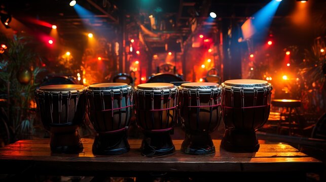 Row of conga drums on stage, lit by warm stage lights with a bokeh effect. Ideal for music-themed projects and performance promotions. Traditional percussion musical instrument of Afro-Cuban