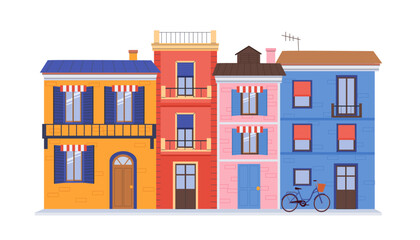 Spanish houses concept. Colorful buildings. Yellow, red, pink and blue architecture elements. Buildings and cottages, townhouses. Cartoon flat vector illustration isolated on white background