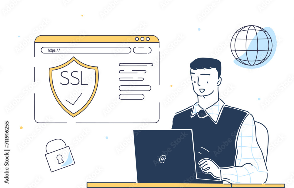 Poster man with ssl. young guy sitting with a laptop, programmer it specialist ensuring webpage security. o
