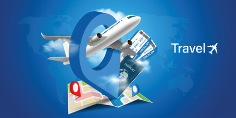 airplane, cloud, blue passport, luggage or baggage appeared and displayed in front of large pin location for travel design, vector 3d on blue background for summer travel advertising design