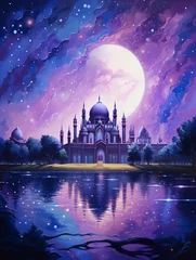 Tuinposter The dazzling astral sky, exploring the depths of the purple night sky, staring intently into the void with eyes sparkling like stars - generative ai © Nia™