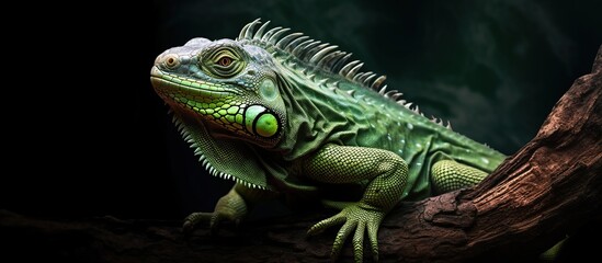 Fototapeta premium Green iguana on a branch on a black background with smoke