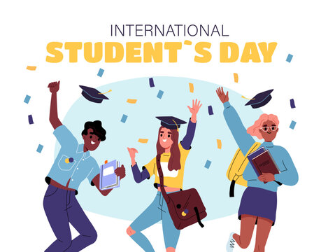 International students day poster. Holiday and festival 17 November. Young guy and girls with graduated caps under colorful confetti. Education and learning. Cartoon flat vector illustration