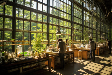 Fototapeta premium Eco-friendly research center for scientists and enthusiasts. Nature and innovation green building and renewable energy sources.