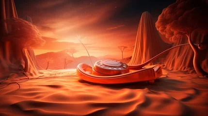 Fotobehang A 3D rendering of an orange phone receiver in a surreal, dreamlike setting with ethereal lighting. © Azeem