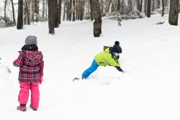 Fototapeta na wymiar Beautiful Siblings Playing in a Snow