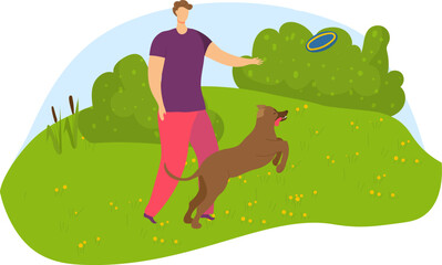 Man playing frisbee with dog in park, sunny day. Pet owner and happy dog enjoying game outdoor. Leisure time with pet, outdoor activity vector illustration.