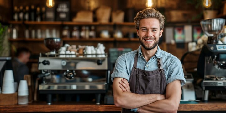 Confident male barista with arms crossed standing in a coffee shop