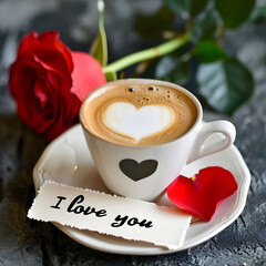 The heart latte art coffee with written note I love you