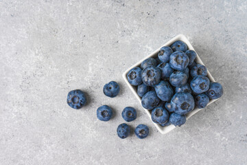Fresh blueberries in a small square bowl on gray concrete background with copy space. Organic berries, healthy food, wild berries. Top view, flat lay