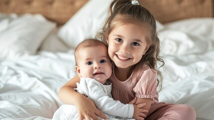 happy child holding cute little sister while sitting on white bed