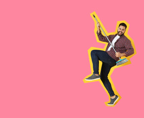 Fototapeta na wymiar Pop art poster. Young man with broom having fun on pink background. Space for text