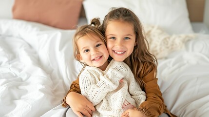Fototapeta na wymiar happy child holding cute little sister while sitting on white bed