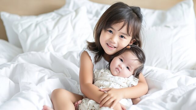 happy child holding cute little sister while sitting on white bed