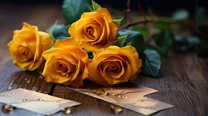 Beautiful yellow roses on a wooden background. Selective focus