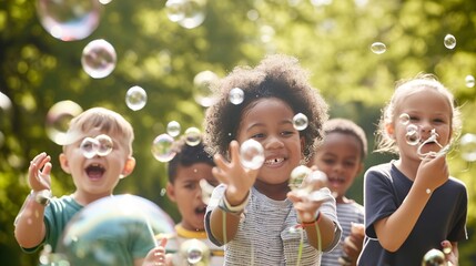 happy multi ethnic group of little friends playing with soap bubbles
