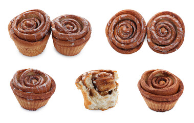 Tasty cinnamon rolls isolated on white, set