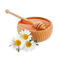 Honey in wooden bowl, dipper and chamomile flowers isolated on white