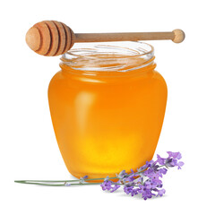Honey in glass jar, dipper and lavender flowers isolated on white