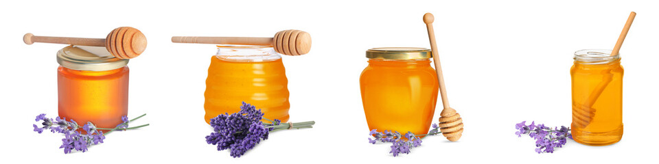 Honey in glass jars, dippers and lavender flowers isolated on white, collection