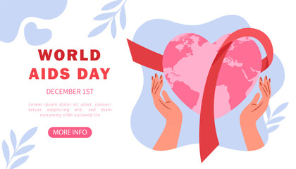 Obraz premium World AIDS day poster. Hands with heart and pink ribbon. Acquired immunodeficiency syndrome. International holiday of awareness. Landing page design. Cartoon flat vector illustration