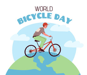 World bicycle day poster. International holiday and festival June 3. Man at cycle at planet globe. Eco friendly transport. Active lifestyle, travel and trip. Cartoon flat vector illustration