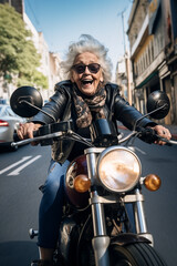 Fototapeta na wymiar Cool grandma with funny face riding a bike on the streets. High quality photo
