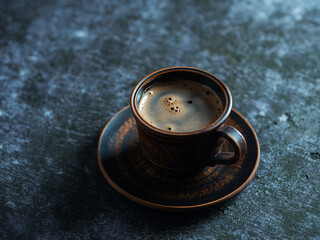 Obraz na płótnie Canvas brown clay cup of espresso coffee on a dark stone table