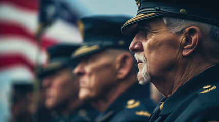 Elderly military officers in uniform before the American flag or veteran's day