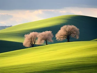 Gordijnen A picturesque landscape of vibrant trees stands tall against the clear blue sky, overlooking a lush meadow and rolling hills in the spring © JohnTheArtist
